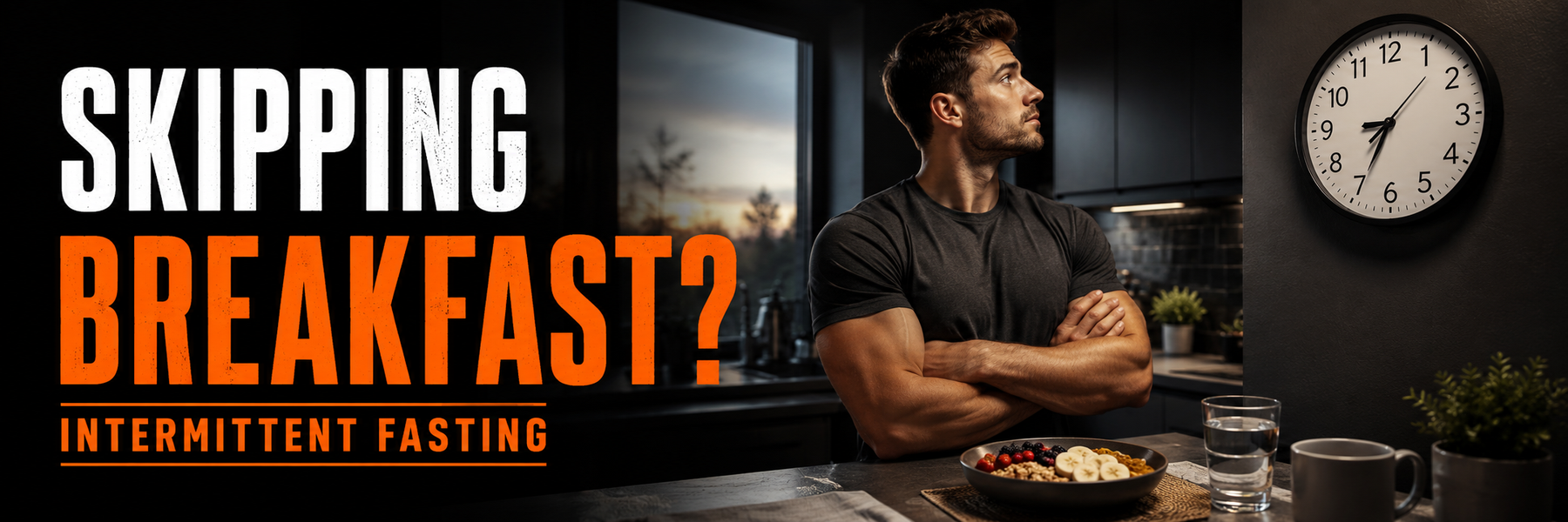 Athletic man checking the time beside breakfast with text Skipping Breakfast? Intermittent Fasting