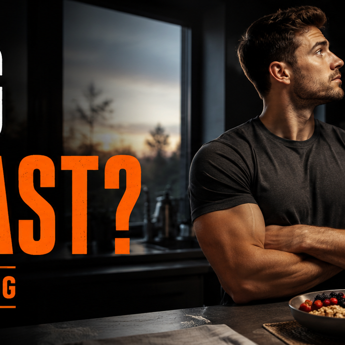 Athletic man checking the time beside breakfast with text Skipping Breakfast? Intermittent Fasting
