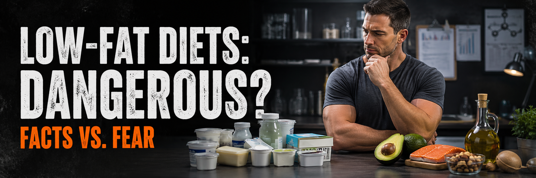 Athlete comparing low-fat foods with avocado, salmon and olive oil under text Facts vs. Fear