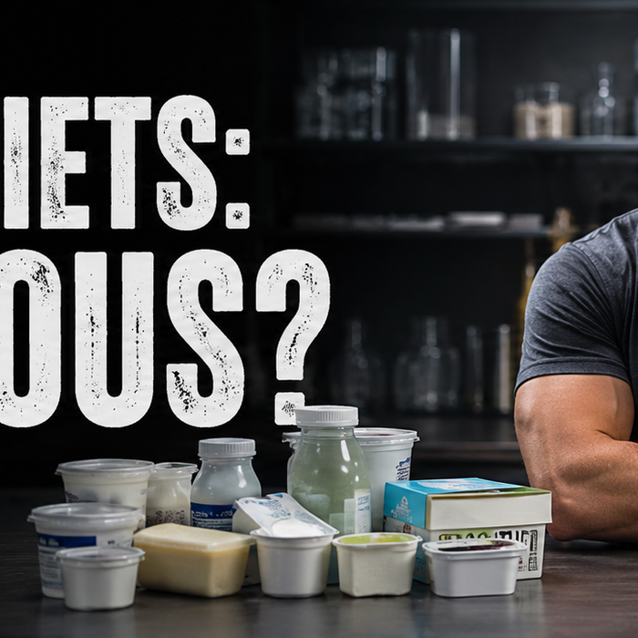 Athlete comparing low-fat foods with avocado, salmon and olive oil under text Facts vs. Fear