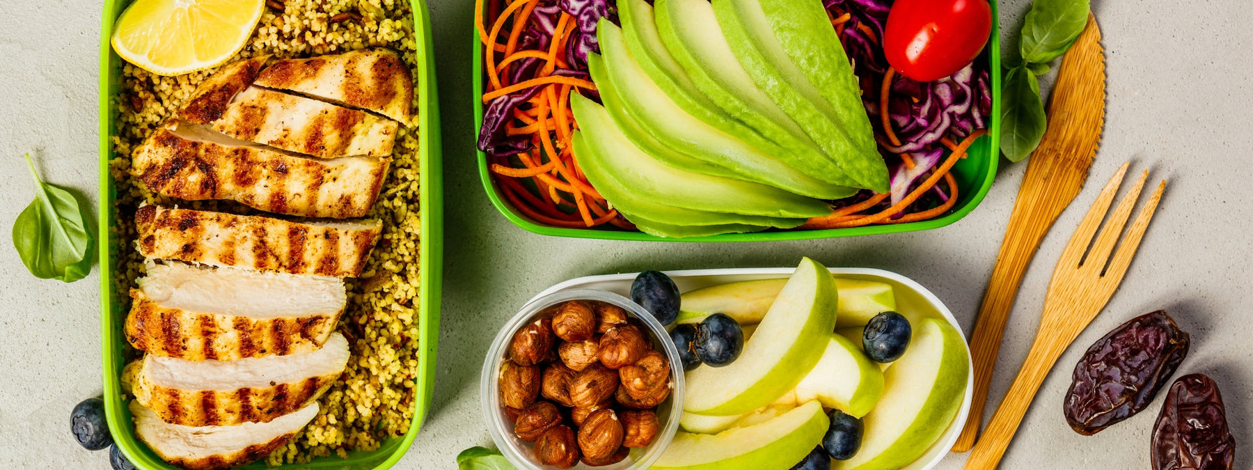 Meal prep containers showing three ways to prepare meals