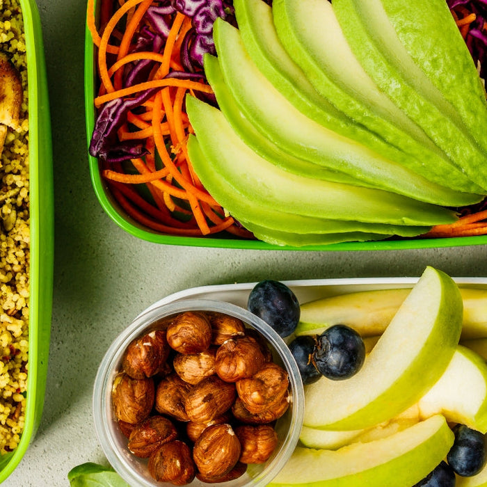 Meal prep containers showing three ways to prepare meals