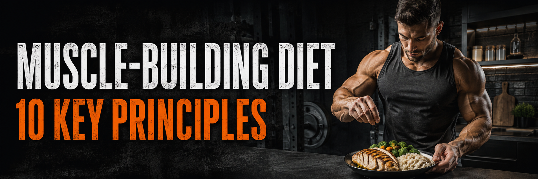 Muscular athlete preparing chicken, rice and vegetables with text Muscle-Building Diet – 10 Key Principles