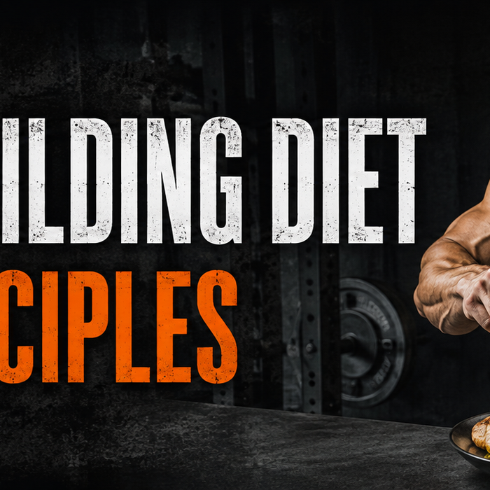 Muscular athlete preparing chicken, rice and vegetables with text Muscle-Building Diet – 10 Key Principles