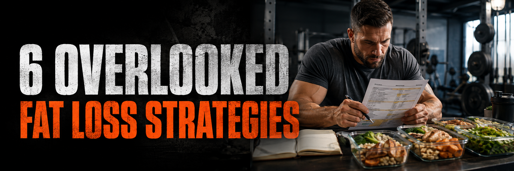 Athlete reviewing meal prep and a nutrition plan with text 6 Overlooked Fat Loss Strategies