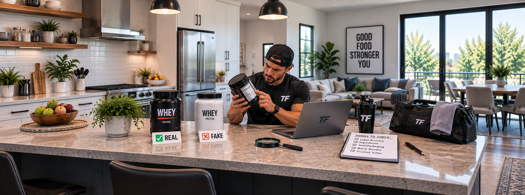 Man comparing real and fake whey protein supplements while reviewing product labels and a verification checklist in a bright kitchen setting.