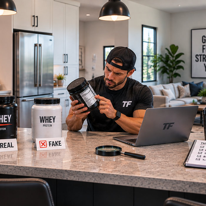 Man comparing real and fake whey protein supplements while reviewing product labels and a verification checklist in a bright kitchen setting.