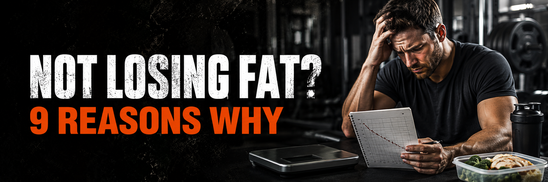 Frustrated athlete reviewing a weight-loss progress chart with text Not Losing Fat? 9 Reasons Why