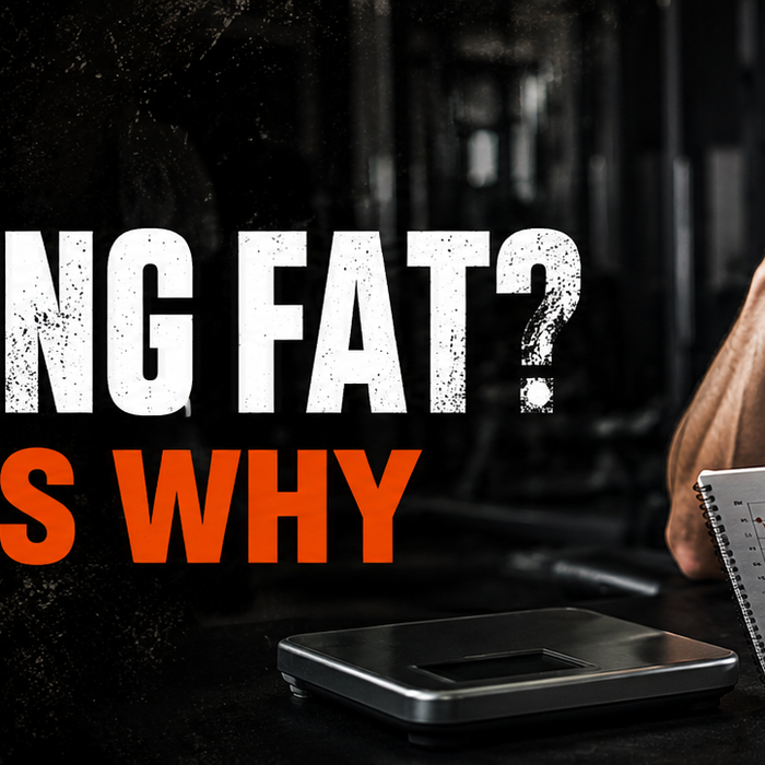 Frustrated athlete reviewing a weight-loss progress chart with text Not Losing Fat? 9 Reasons Why