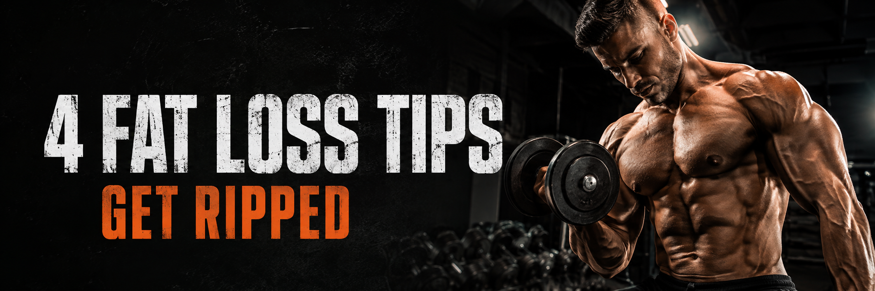Muscular athlete training with dumbbells beside the headline 4 Fat Loss Tips – Get Ripped