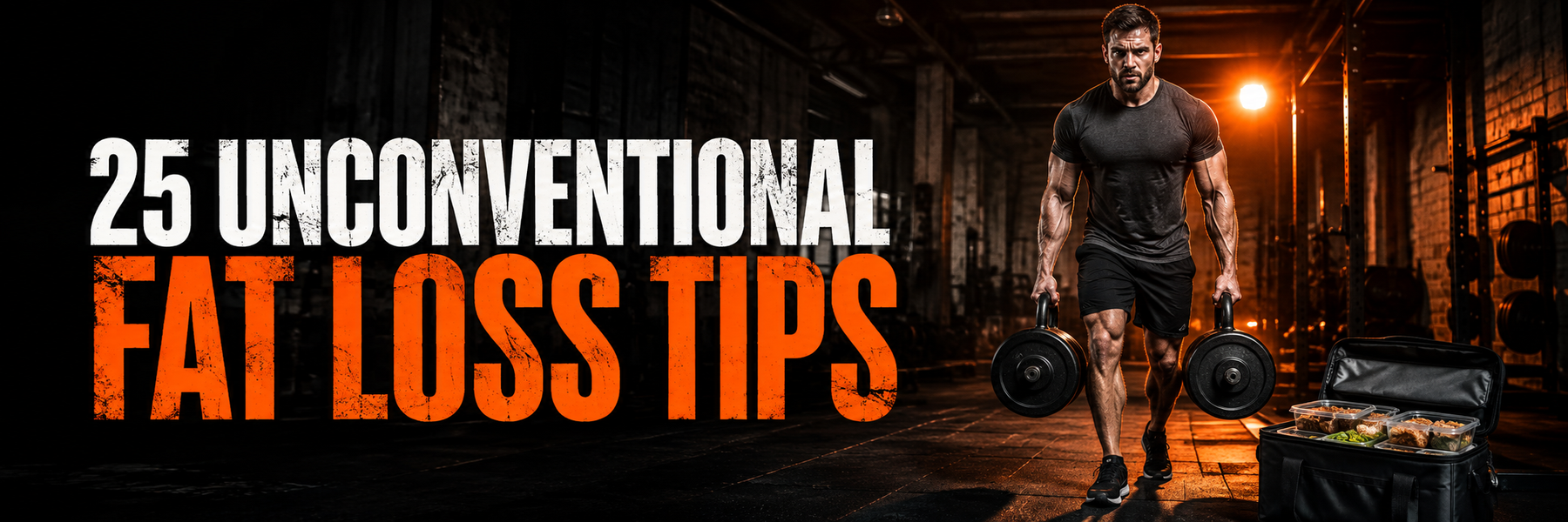Athlete performing farmer carries with text 25 Unconventional Fat Loss Tips