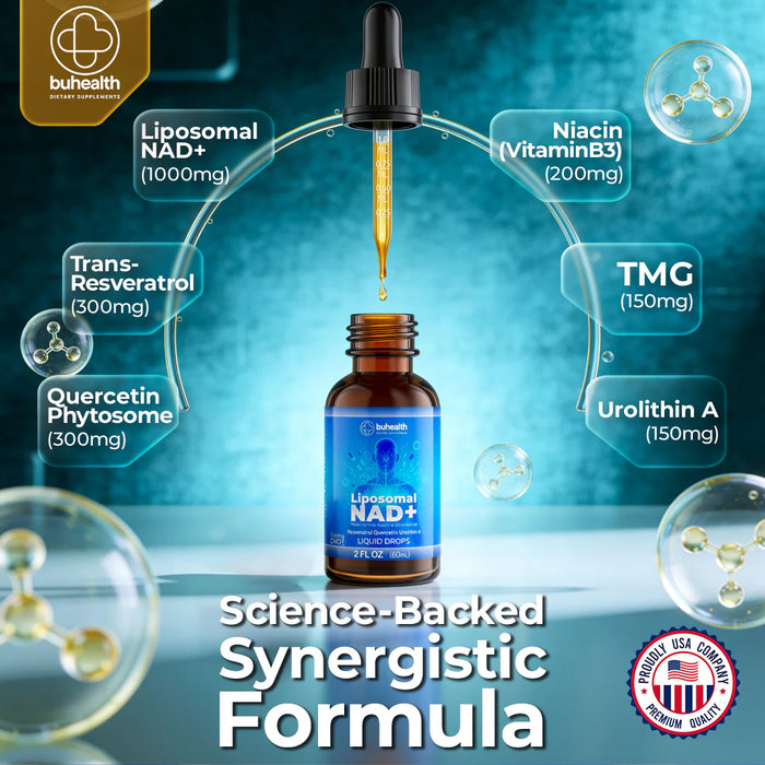 Liposomal NAD+ Liquid Drops | Resveratrol, Quercetin & Urolithin A | 2 FL OZ (60ml)