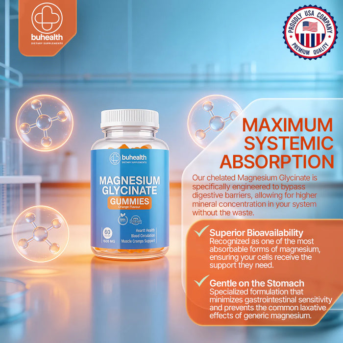BUHEALTH Magnesium Glycinate Gummies (Orange Flavor), 1600mg