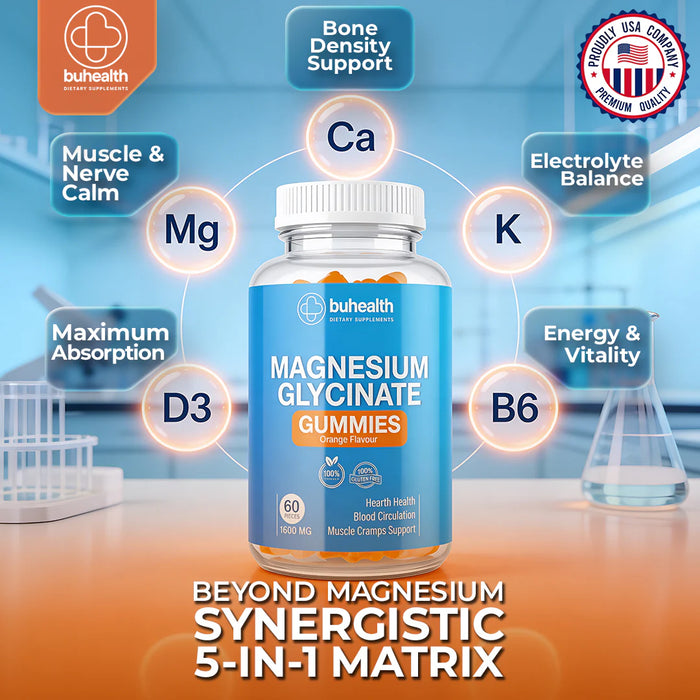 BUHEALTH Magnesium Glycinate Gummies (Orange Flavor), 1600mg