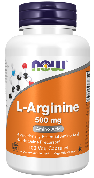 NOW Foods L-Arginine 500 mg, 100 Veg Capsules, front of bottle