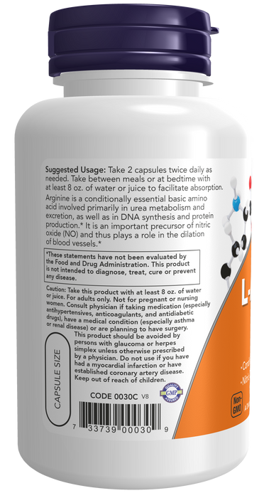 NOW Foods L-Arginine 500 mg, 100 Veg Capsules, left side panel