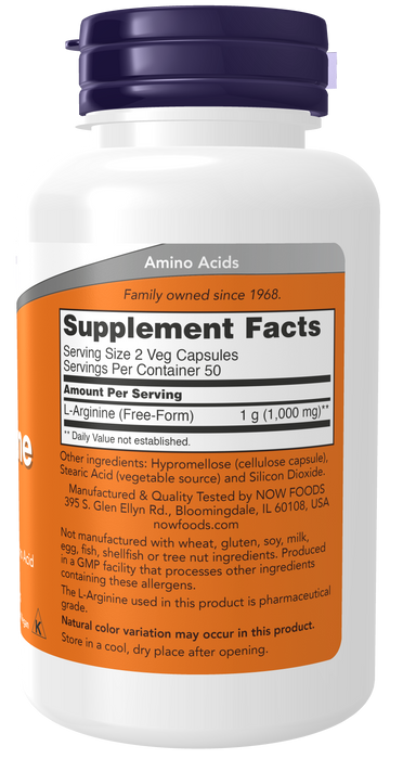 NOW Foods L-Arginine 500 mg, 100 Veg Capsules, right side panel