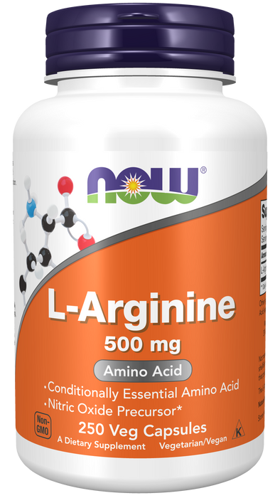 NOW Foods L-Arginine 500 mg, 250 Veg Capsules, front of bottle