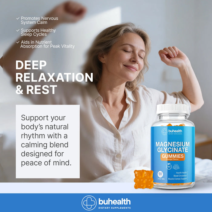 BUHEALTH Magnesium Glycinate Gummies (Orange Flavor), 1600mg