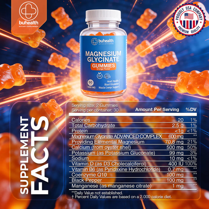 BUHEALTH Magnesium Glycinate Gummies (Orange Flavor), 1600mg