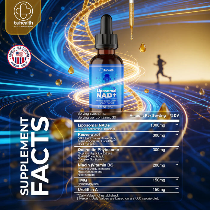 Liposomal NAD+ Liquid Drops | Resveratrol, Quercetin & Urolithin A | 2 FL OZ (60ml)
