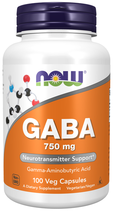 NOW Foods GABA 750 mg, 100 veg capsules, front of bottle