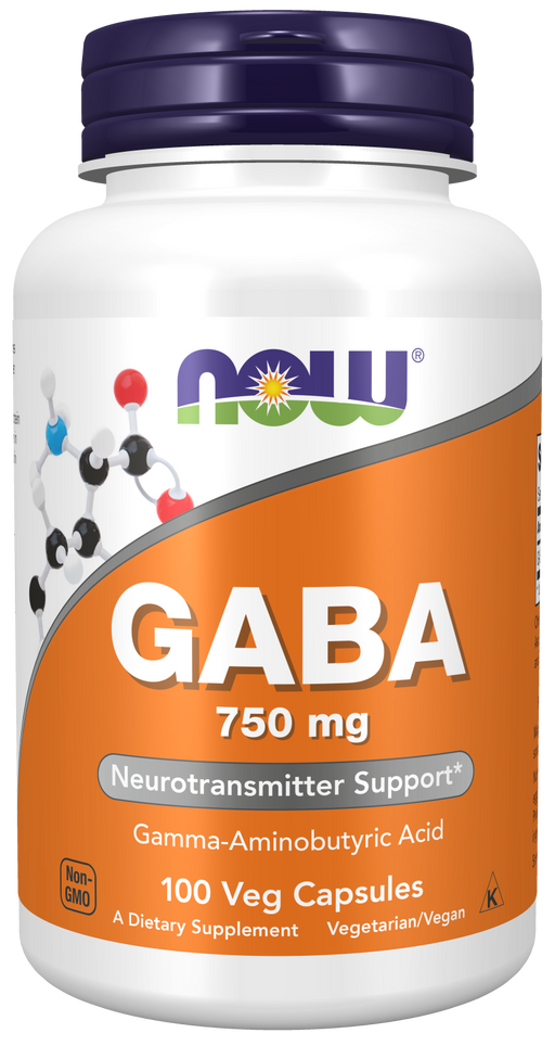 NOW Foods GABA 750 mg, 100 veg capsules, front of bottle