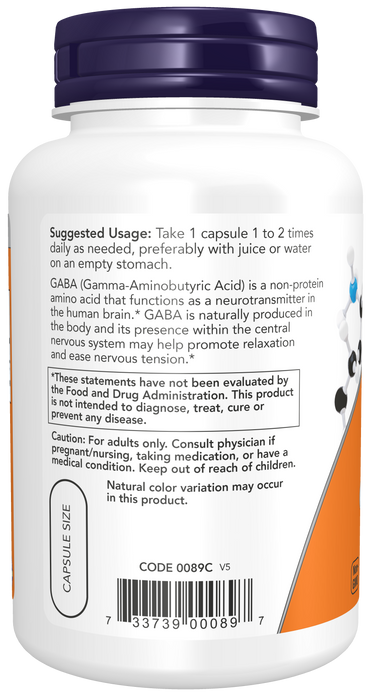 NOW Foods GABA 750 mg, 100 veg capsules, left side of bottle label