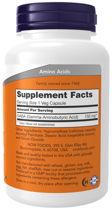 NOW Foods GABA 750 mg, 100 veg capsules, right side of bottle label
