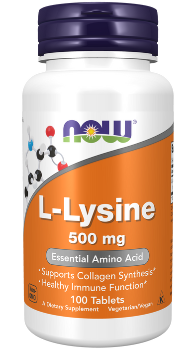 NOW Foods L-Lysine 500 mg, 100 tablets, front of bottle