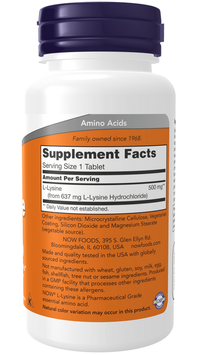 NOW Foods L-Lysine 500 mg tablets, supplement facts label