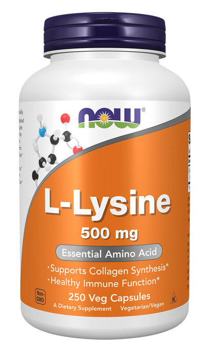 NOW Foods L-Lysine 500 mg, 250 veg capsules, front of bottle