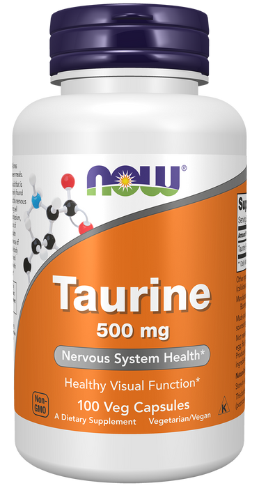 NOW Foods Taurine 500mg, 100 veg capsules, front of bottle