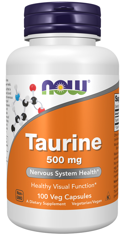 NOW Foods Taurine 500mg, 100 veg capsules, front of bottle