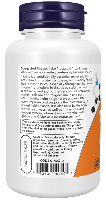 NOW Foods Taurine 500mg, 100 veg capsules, left side of bottle