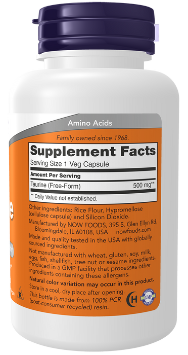 NOW Foods Taurine 500mg, 100 veg capsules, right side of bottle showing supplement facts
