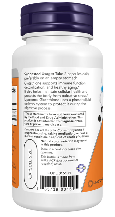 NOW Foods Liposomal Glutathione, 60 Veg Capsules, left side of bottle