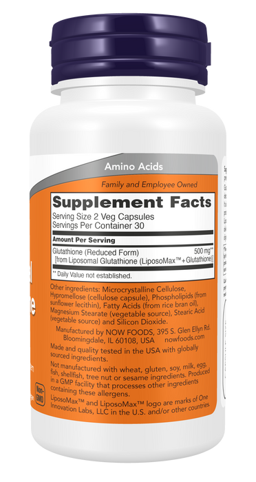 NOW Foods Liposomal Glutathione, 60 Veg Capsules, right side of bottle