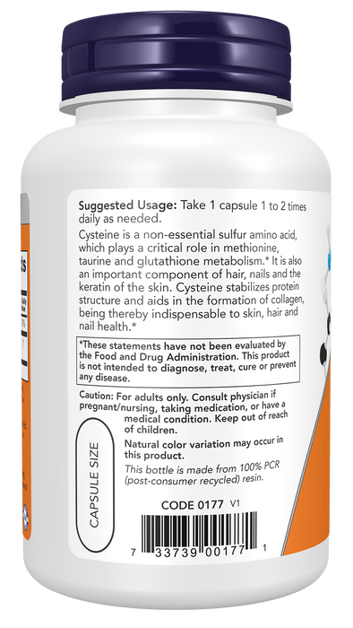 NOW Foods L-Cysteine, 90 Veg Capsules, left side of bottle