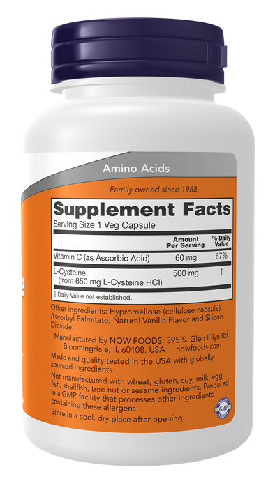 NOW Foods L-Cysteine, 90 Veg Capsules, right side of bottle