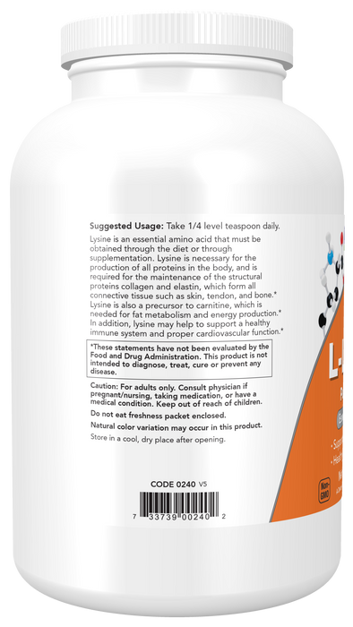NOW Foods L-Lysine Powder, back of container label