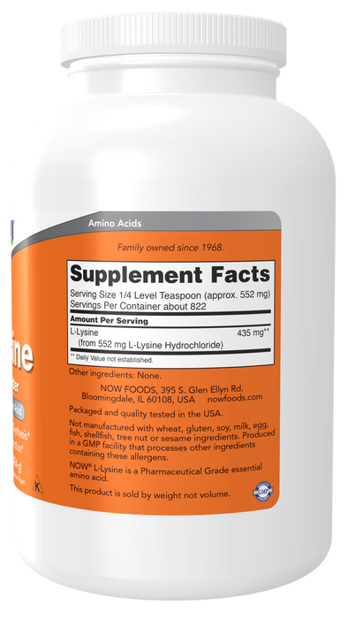 NOW Foods L-Lysine Powder, supplement facts label