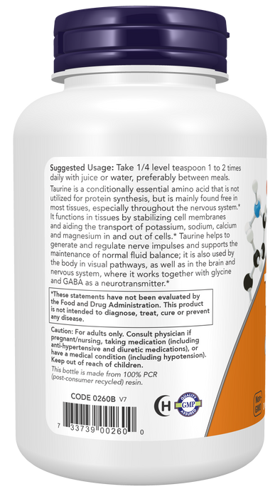 NOW Foods Taurine Powder, 8 oz, left side of container