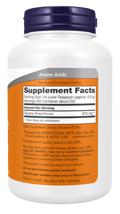 NOW Foods Taurine Powder, 8 oz, right side of container showing supplement facts