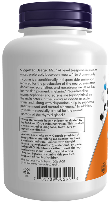 NOW Foods L-Tyrosine Powder, 4 oz, back of container