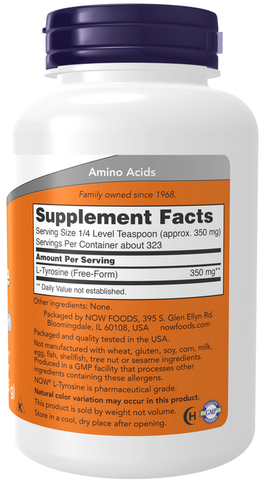 NOW Foods L-Tyrosine Powder, 4 oz, supplement facts label, side of container
