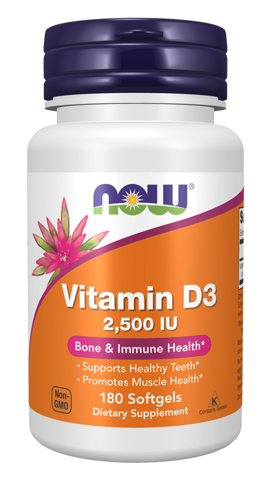 NOW Foods Vitamin D-3 2,500 IU, 180 softgels, front of bottle