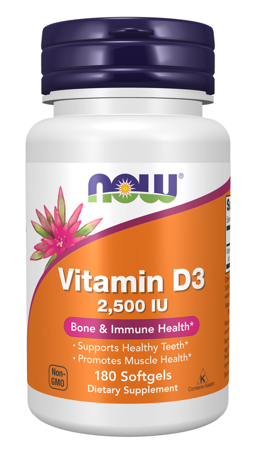 NOW Foods Vitamin D-3 2,500 IU, 180 softgels, front of bottle