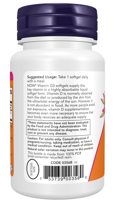 NOW Foods Vitamin D-3 2,500 IU, 180 softgels, left side ingredient label