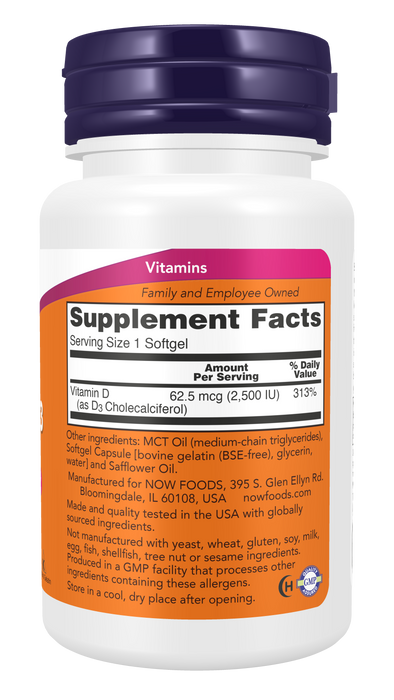 NOW Foods Vitamin D-3 2,500 IU, 180 softgels, right side supplement facts label